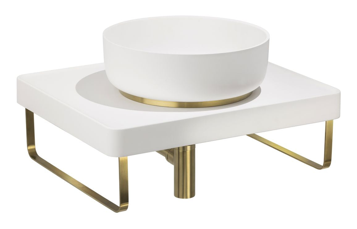 Abode Tableau/Cava Shelf & Round Basin Set - Chalk White w/Brushed Brass Finishes