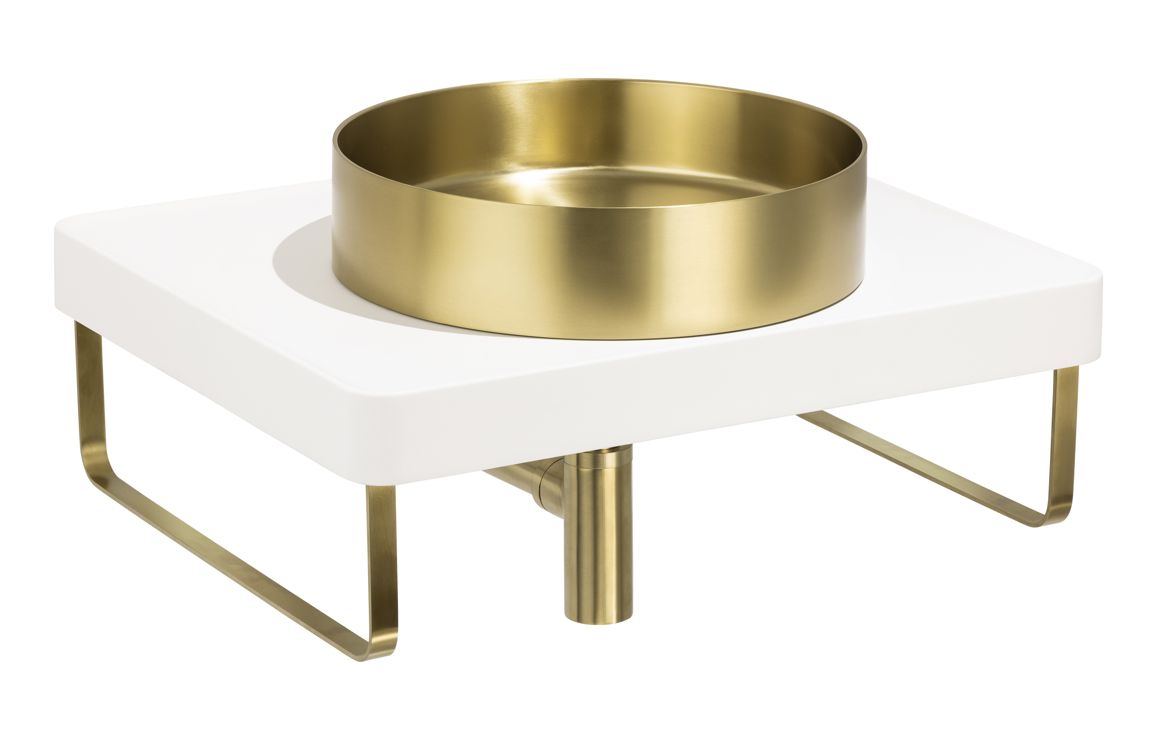 Abode Tableau/Iox Shelf & Round Basin Set - Chalk White w/Brushed Brass Finishes