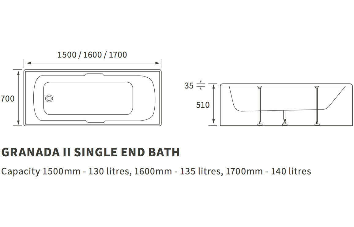 CLASSIC Single End Twin Grip Textured Base 8mm 1700x700x510mm 2TH Bath