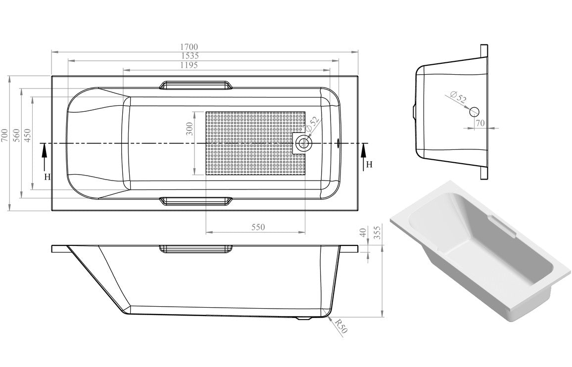 PURE Gripped SUPERCAST 1700x700x550mm 0TH Bath with Legs