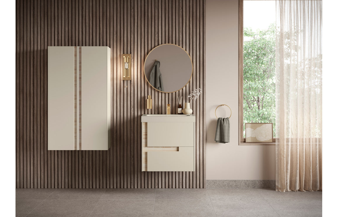 BONNYTON 350mm Wall Hung 1 Door Tall Unit - Matt Cotton & Oak Effect