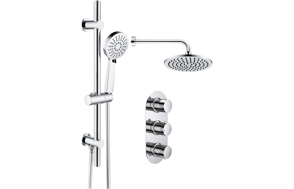 TIDE Shower Pack Four - Two Outlet Triple Shower Valve w/Riser & Overhead Kit - Chrome