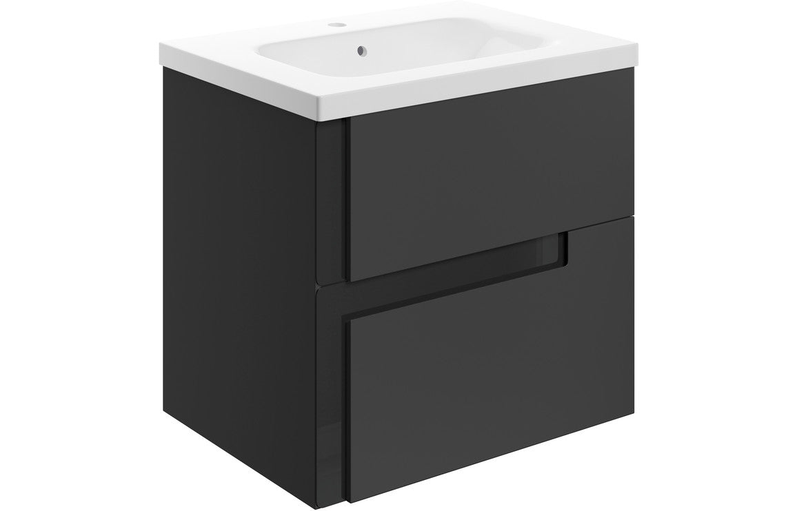 BONNYTON 615mm Wall Hung 2 Drawer Basin Unit & White Basin - Matt Black & Glass