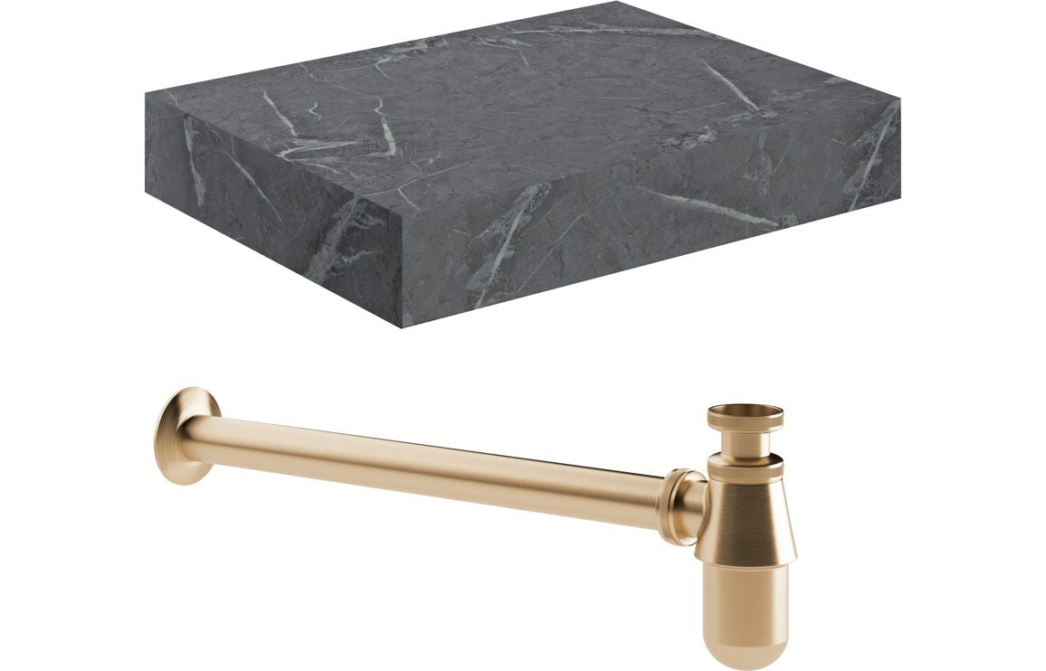 AILSA 600mm Wall Hung Grey Marble Basin Shelf & Brushed Brass Bottle Trap