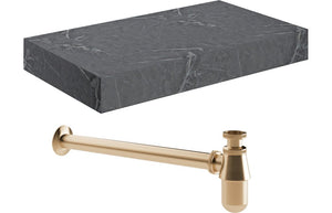 AILSA 800mm Wall Hung Grey Marble Basin Shelf & Brushed Brass Bottle Trap