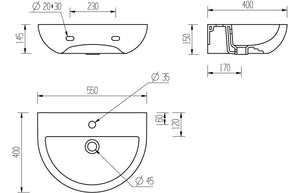 ALBION 550x400mm 1TH Basin & Semi Pedestal