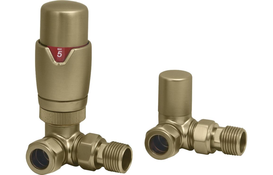 Round Thermostatic Brushed Brass Radiator Valves - Angled