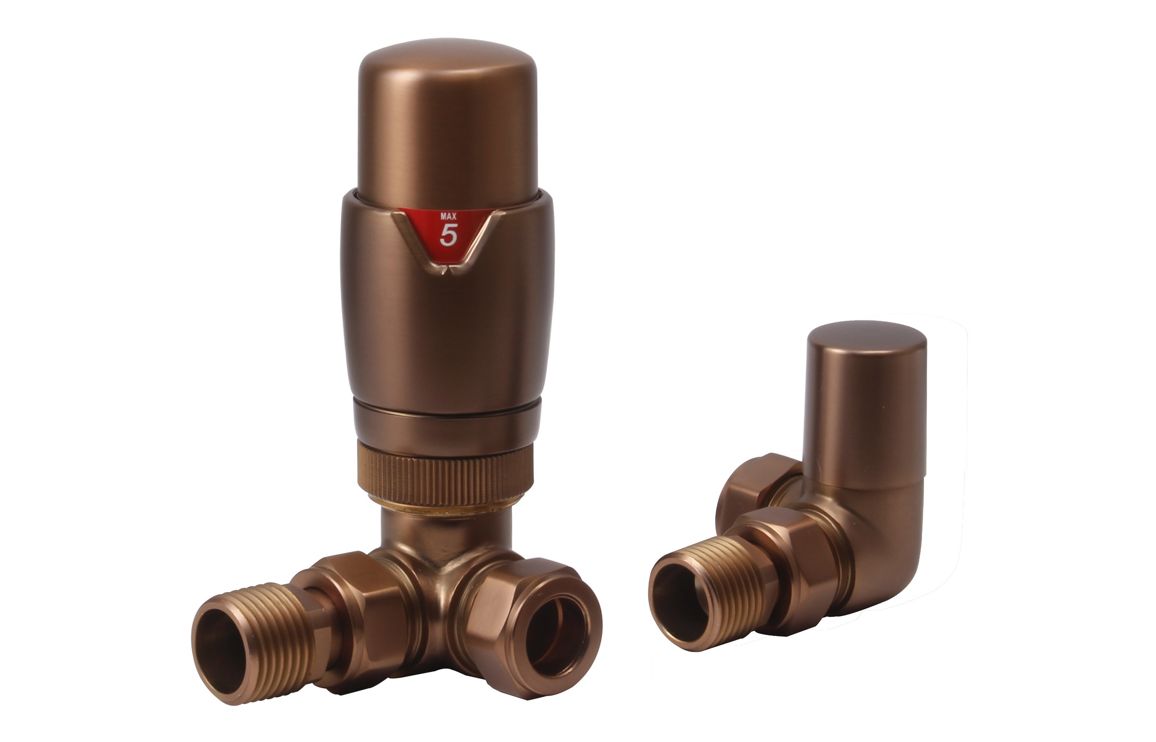 Round Thermostatic Brushed Bronze Radiator Valves - Angled