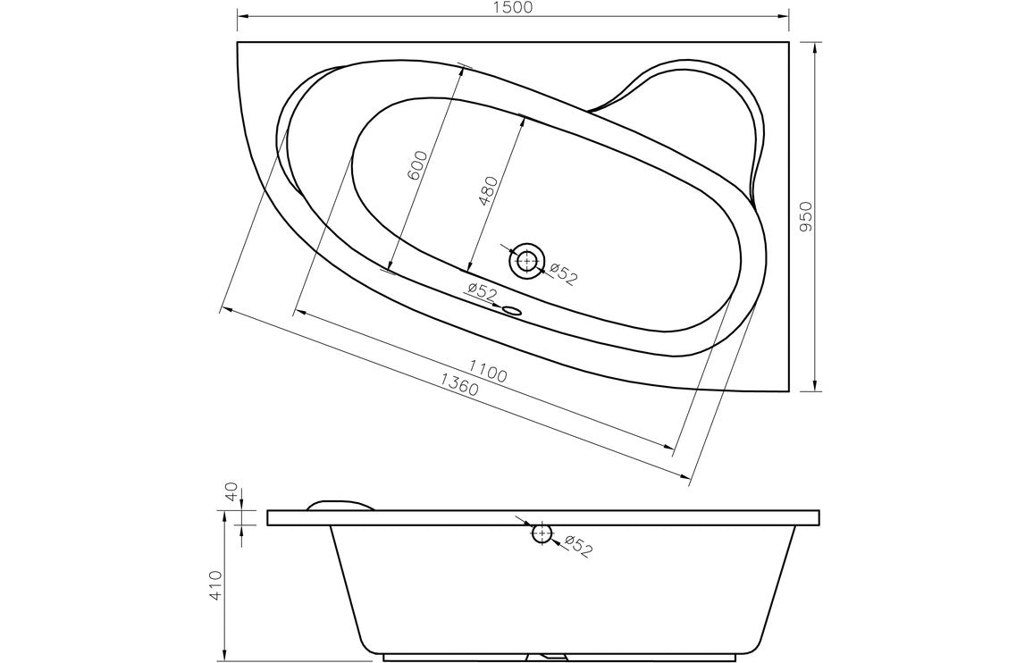 CASCADE 1500x950x600mm 0TH Offset Corner Bath with Legs (LH)