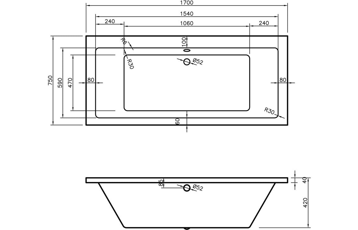 BREEZE Square Double End SUPERCAST 1700x750x550mm 0TH Bath with Legs