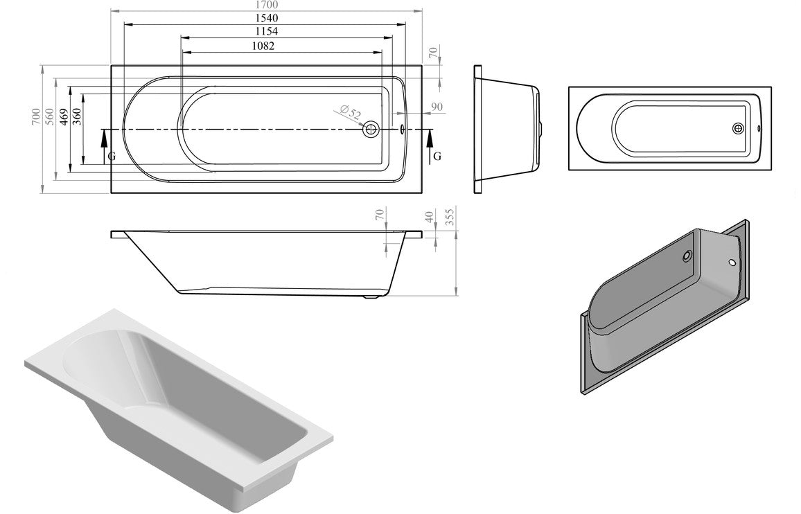 STUDIO D Shape Single End SUPERCAST 1700x700x550mm 2TH Bath with Legs