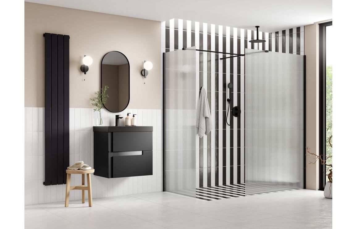 DIAMOND 900mm Fluted Wetroom Panel & Side Panel Arm - Black