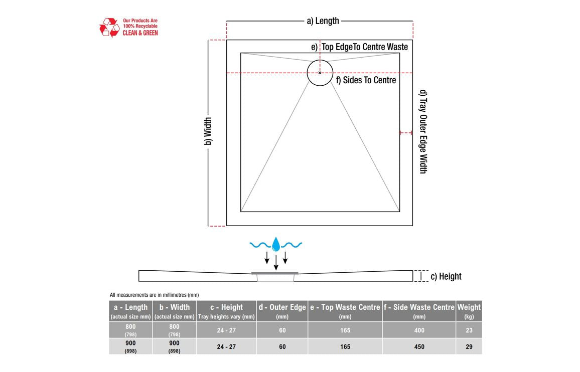 25mm Anti-Slip Ultra-Slim 900mm Square Tray & Waste