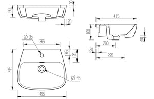 IONA 495x415mm 1TH Semi Recessed Basin