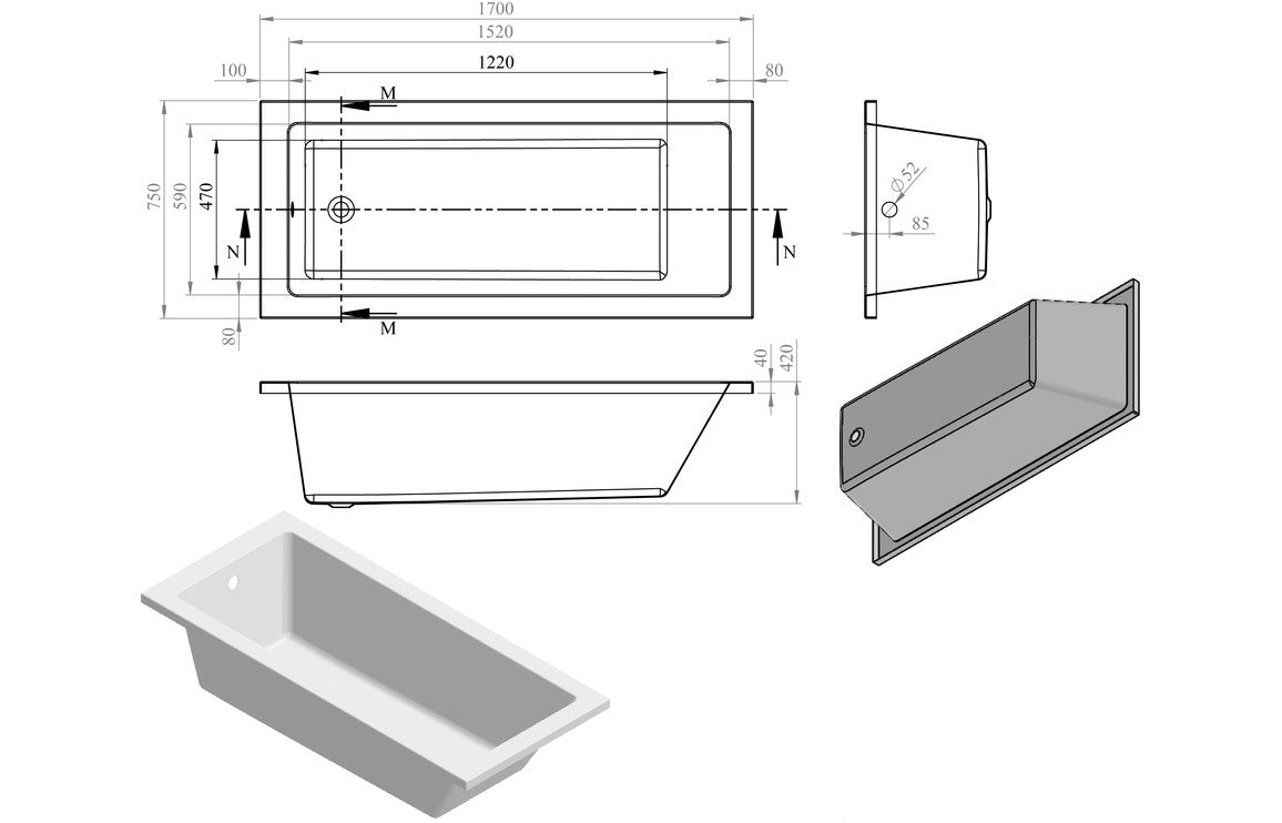 BREEZE Square Single End SUPERCAST 1700x750x550mm 0TH Bath with Legs