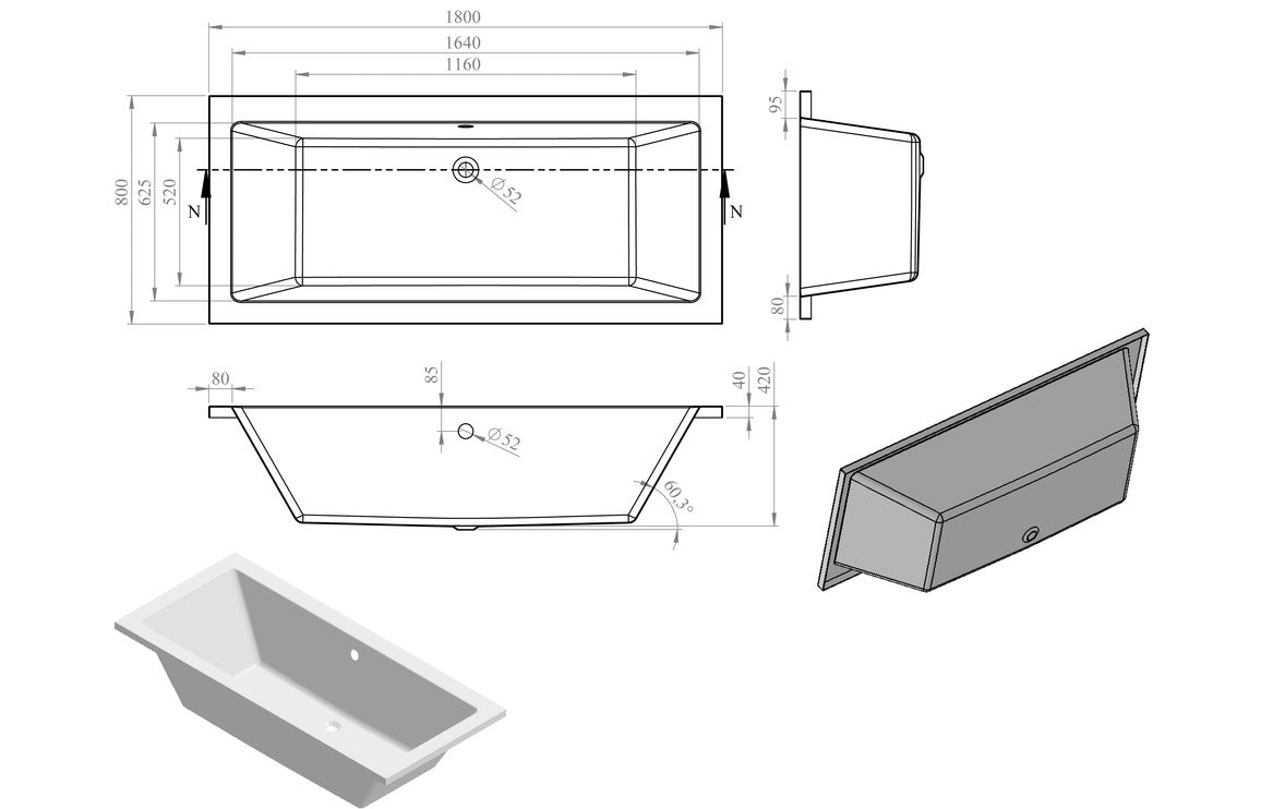 BREEZE Square Double End 1800x800x550mm 0TH Bath with Legs
