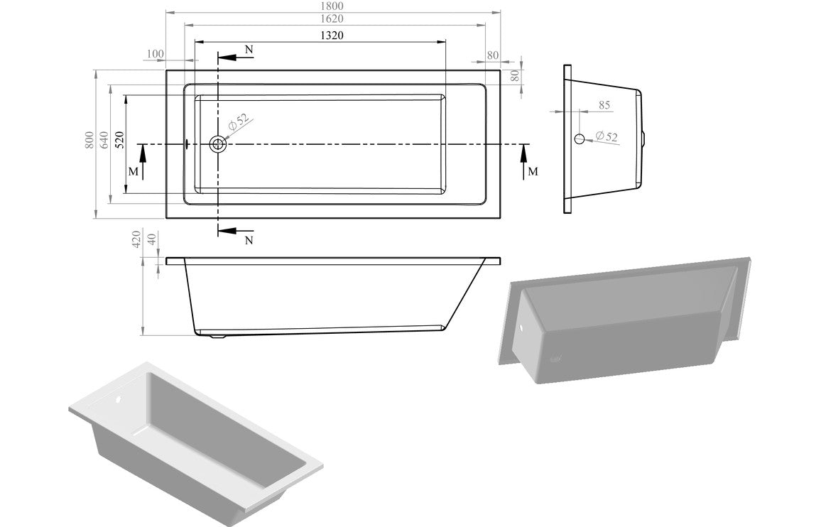 BREEZE Square Single End 1800x800x550mm 0TH Bath with Legs